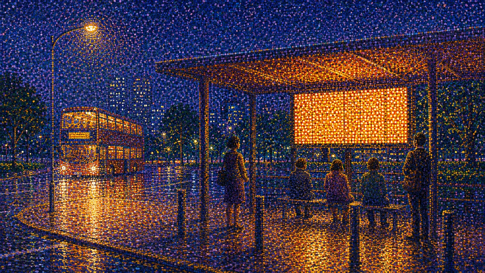 Pointillist night painting of a covered bus stop, its arrival board glowing amber, a double-deck bus on a wet street.