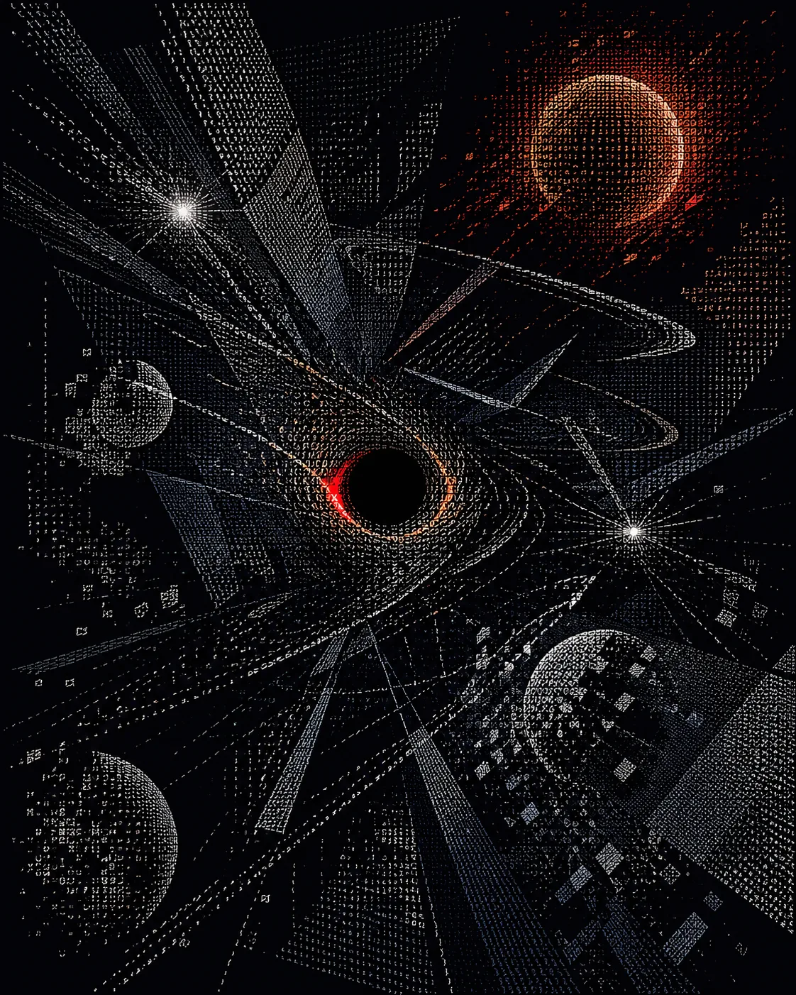 Deconstructivist cosmos of fractured character-grids warping around a black hole with a red accretion rim.