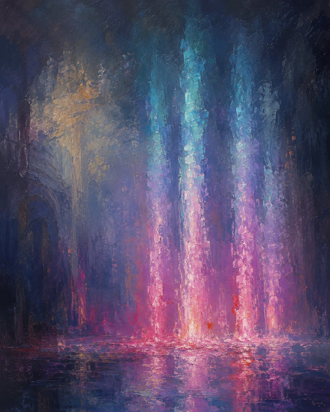 Impressionist oil painting of glowing magenta-to-cyan columns of sound rising in a dark chamber.