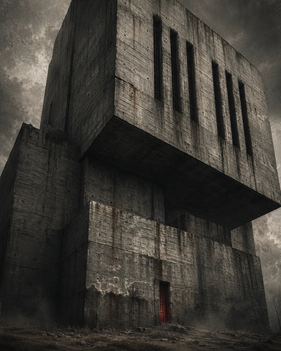 Brutalist concrete monolith of an abandoned asylum under a dead sky, one barred ground-floor window glowing red.